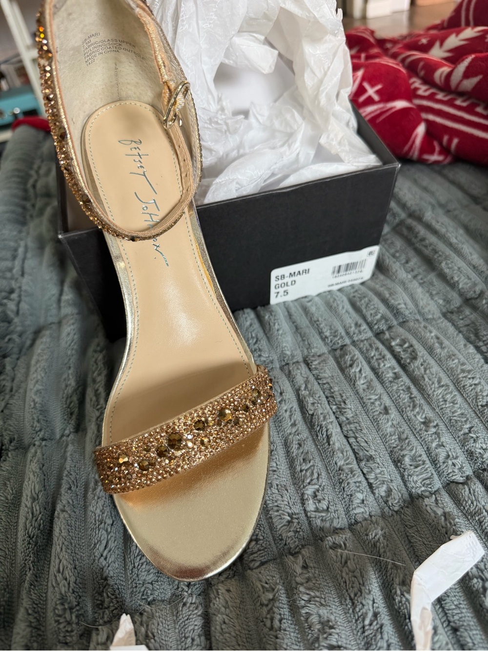 Betsey Johnson Gold Beaded Ankle-Strap Block Heels - Picture 2 of 7